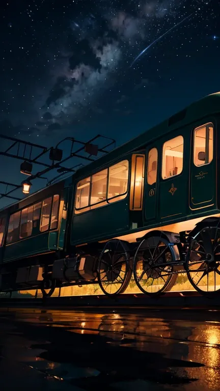 A high quality masterpiece, landscape, Animated train passing through a body of water on track,  Bright Starry Sky .  Romantic Train , pixiv, Concept map, Lofiato style, reflection. 由Shinkai Makoto创作, Lofiato,  beautiful anime scene , Anime landscape, 詳細なl...