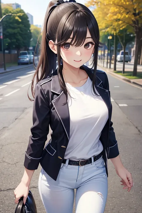 Takane Manaka, shiny brown long hair, pony tail with ribbon、beautiful brown eyes, smiling face, sparkling pupils, (fine grain), highly detailed eyes, highly detailed face, highly detailed eyes,, (masterpiece:1.2, best quality), 1 girl, cowboy shot,, 


cow...