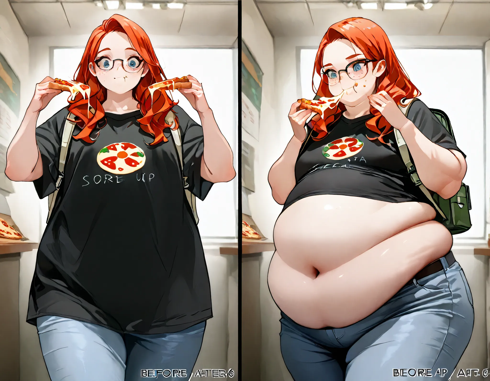 a, (before and after picture:1.3), young cute nerdy redhead bbw student with glasses, long wavy ginger hair, soft fat belly, wide fat obese hips, thick fat legs and fat arms, cute pretty face, small breasts, blue eyes, freckles, backpack, in a school hall,...