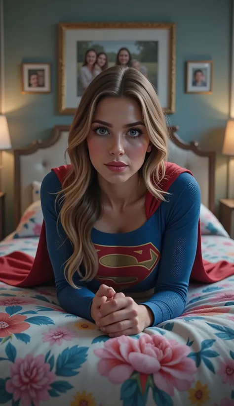 Generate a photorealistic, 4k, high-quality image of Supergirl lying on her stomach on a colorful comforter in a modern bedroom with a fancy headboard and family photos on the wall. The viewer's perspective is looking down at her from a low angle, with the...