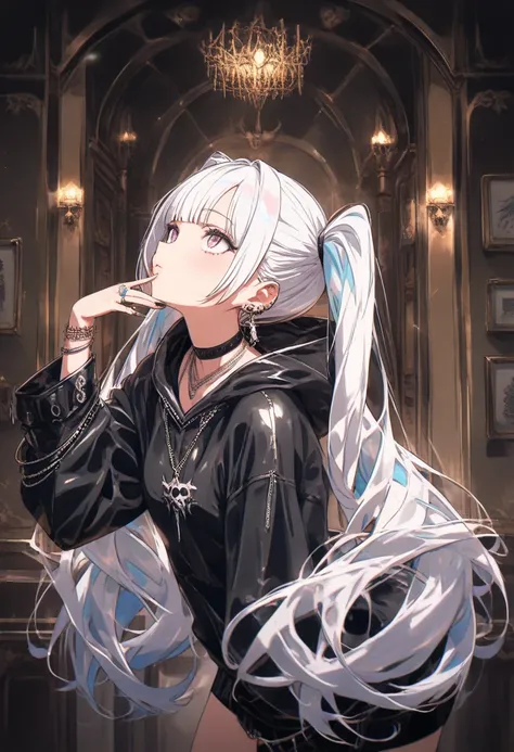  shiny skin  ,(( masterpiece)), (( 最 high quality)), (Anime:1.3),( very detailed:1.2), ( high resolution :1.3), ( Professional Photography:1.4)(Iridescent white hair),, Huge, twin tails,  Silver Hair,  hoodie,  vintage gothic,  pose ,  cute,  looks up,  hi...