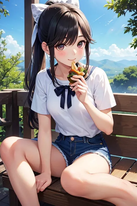 Takane Manaka, shiny brown long hair, pony tail with ribbon、beautiful brown eyes, smiling face, sparkling pupils, (fine grain), highly detailed eyes, highly detailed face, highly detailed eyes,, (masterpiece:1.2, best quality), 1 girl, cowboy shot,, 


cow...