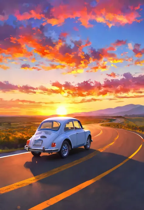 Theme：Road Trip at Sunset, \Describe a road trip without drawing a car to drive\,