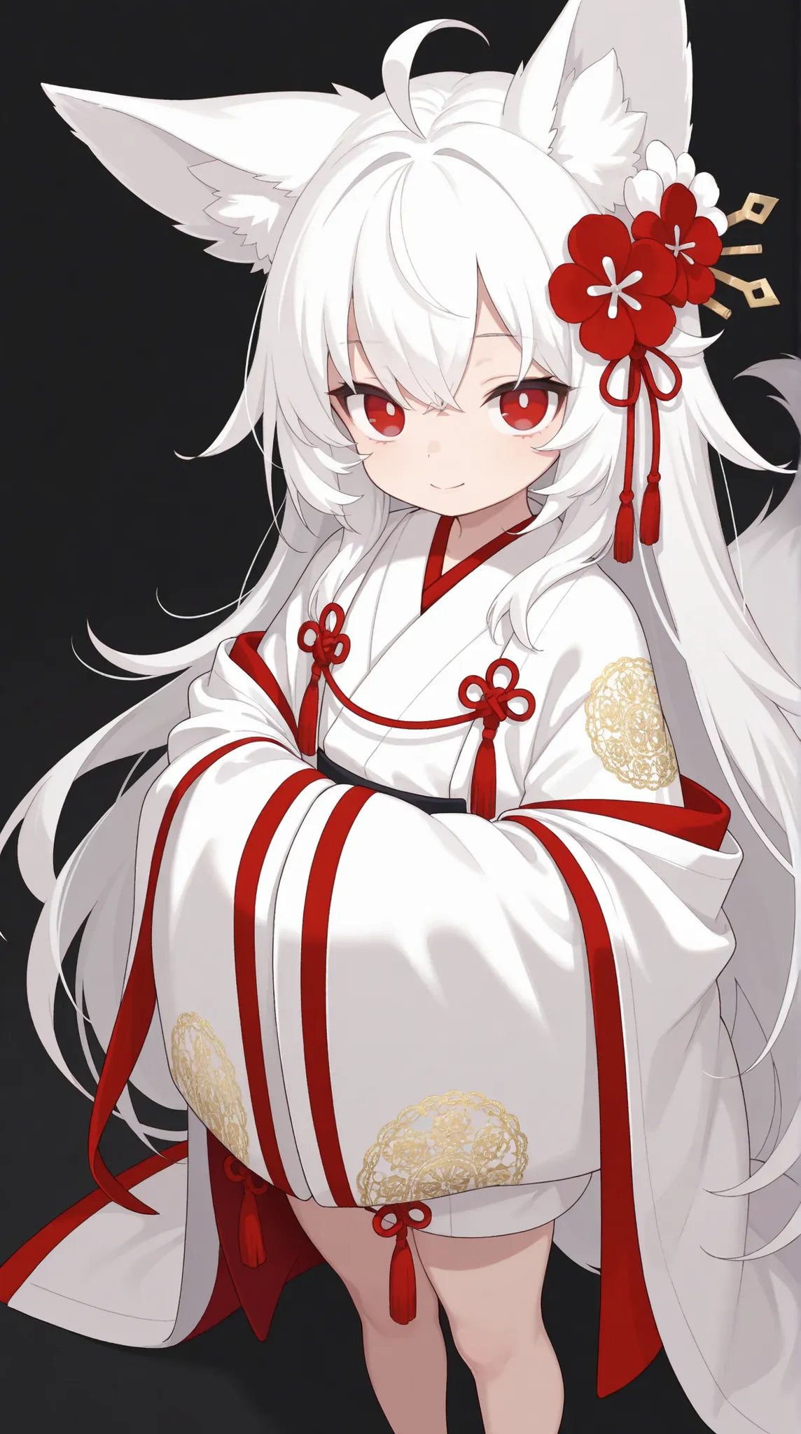 1girl, ahoge, very long hair, white hair, red eyes, look at viewer, closed mouth, loli, expressionless, japanese clothes, white kimono, white clothes, haori, wide sleeves, smile, thick thigh, black background, standing, fox ears, fox tail, fox girl, clothi...