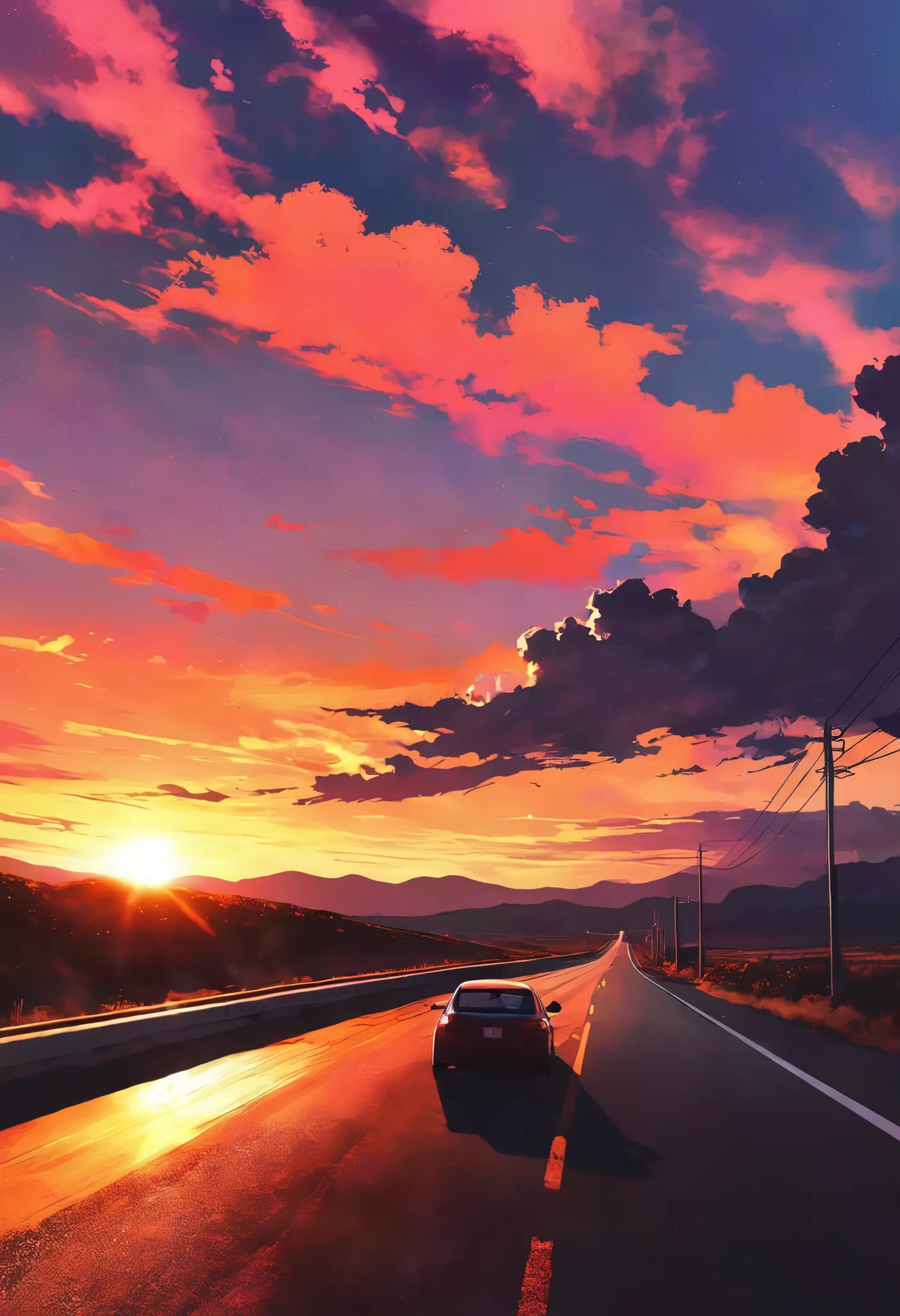 Theme：Road Trip at Sunset, \Describe a road trip without drawing a car to drive\, An aesthetic sunset shrouded in darkness, 