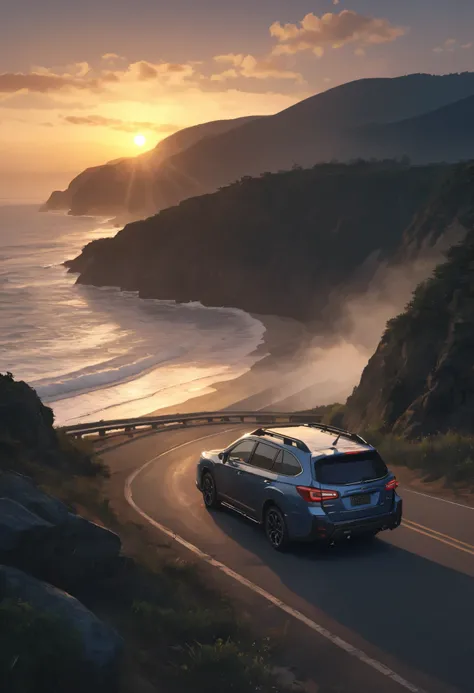 Ultra High Definition Road Trip, Car Photos, legacy touring wagon ,BG5 , Subaru, (Coastal Drive Scene:1.37), Dramatic story, Ultra HD details, super realism ink paint, calligraphy background, intricate machinery car, complex background, detailed scenery, ...