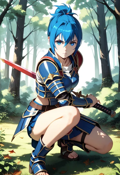  (Show the whole body) (Crouching with his back to a large tree)  (has a long sword) Top quality, Masterpiece, Ultra high resolution,
Beautiful upper body, Detailed face, Beautiful upper body,
Beautiful lower body, Two perfect legs, Beautiful legs, 
Five p...