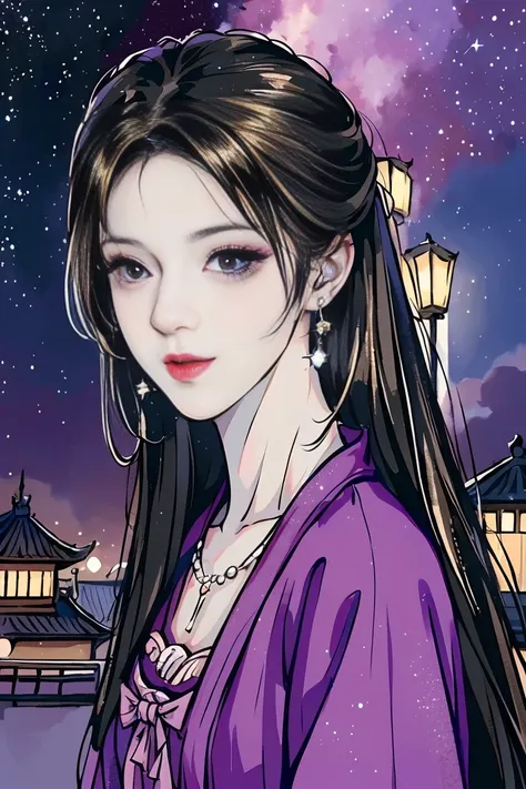  top quality、  masterpiece、   high definition 、   young beautiful woman、perfect face 、Brown-black long hair  、  perfect style 、I'm wearing a light purple dress、 earrings、  necklace、 Long, narrow eyes、 look at me and smile、 night sky、  starry sky  、Shining ...