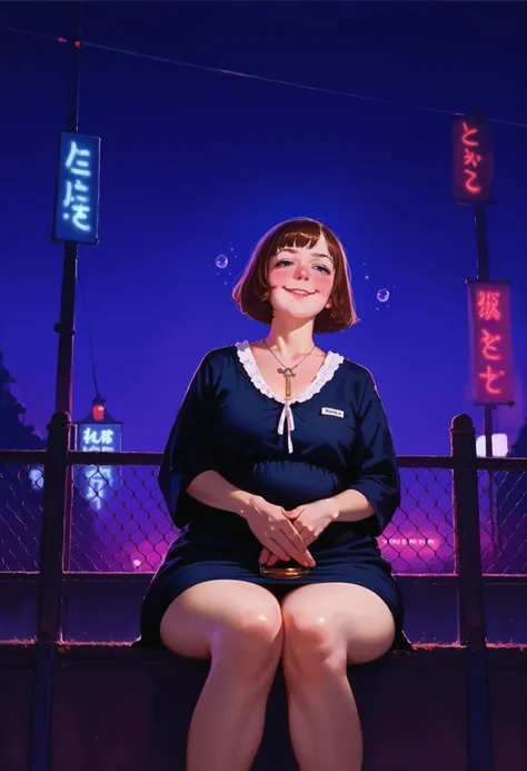 score_9, score_8_up, score_7_up, source_anime,1girl, from the side ((slut)), (covered belly:1.2) (drunk and bloated, puffed legs, puffed face:0.7) sitting on a fence,, , , skindentation , lize1st, , , (immobile:1.1), dark sky, night sky, neon lights, sitti...