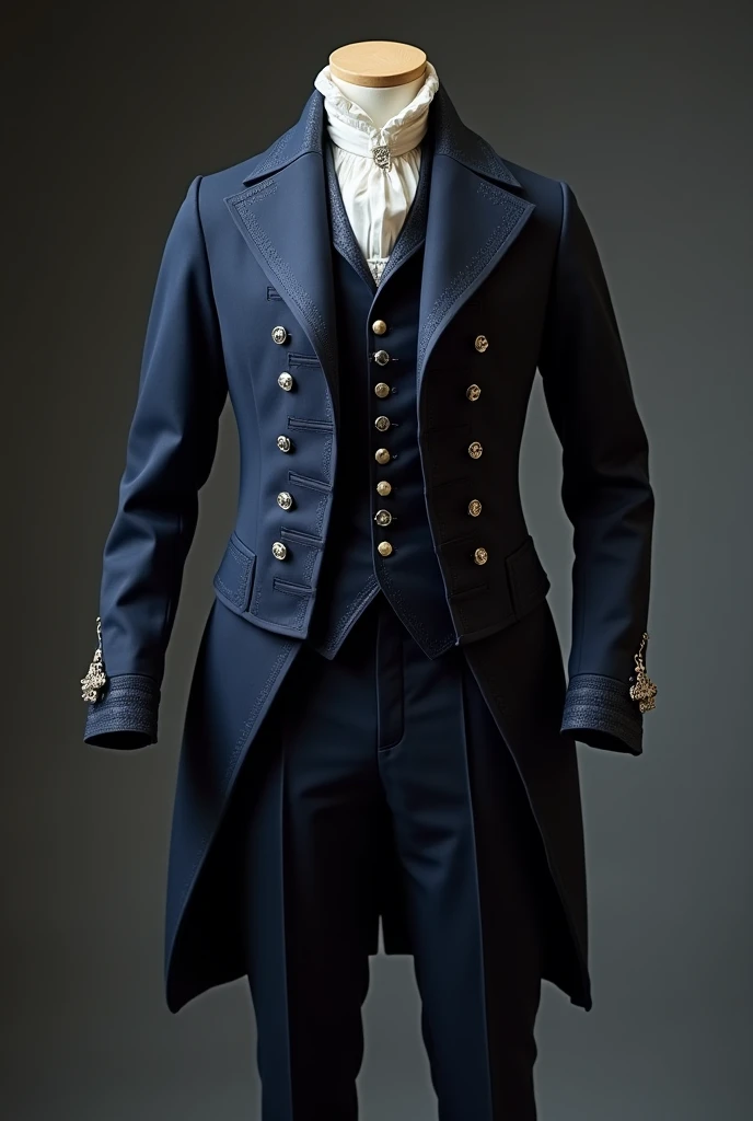 Make the image of a suit from the year 1854 with the shade of navy blue, with soft silver details, with a small silver malt cross necklace. The pants are also a shade of navy blue.