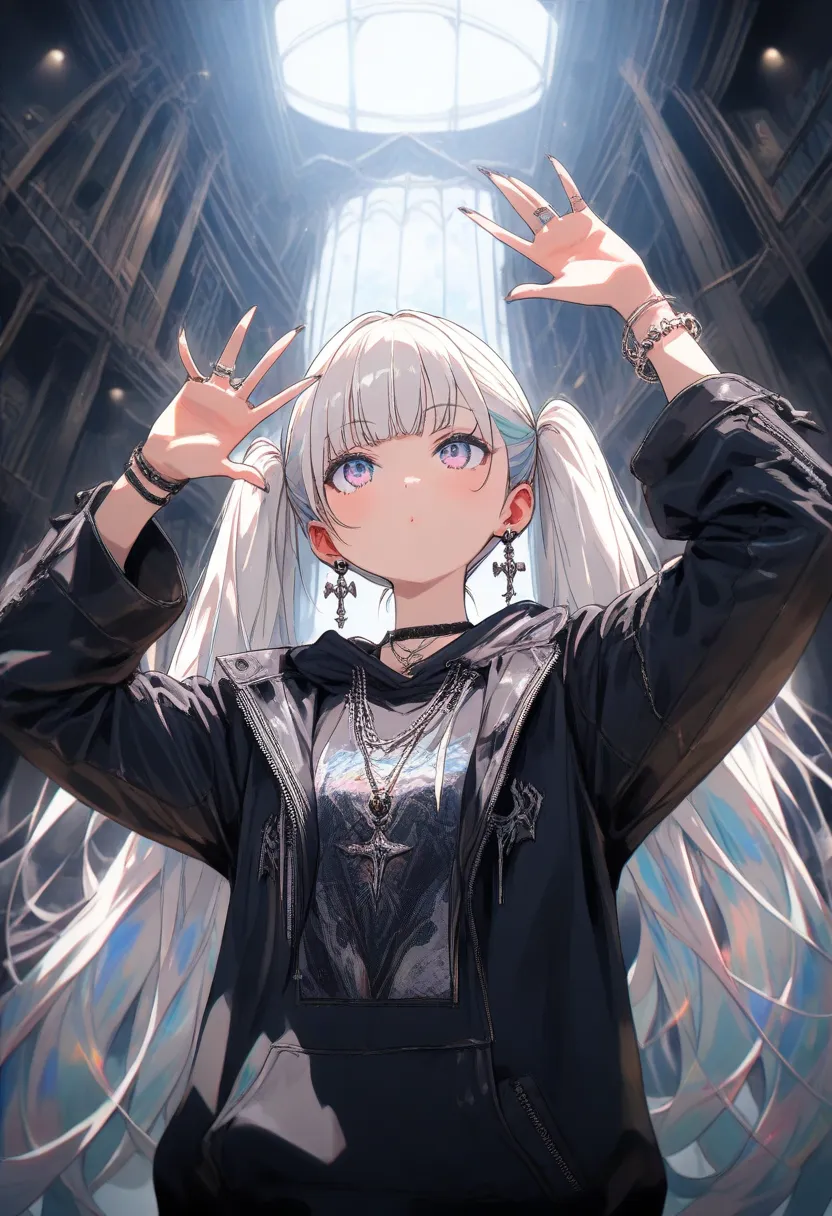  shiny skin  ,(( masterpiece)), (( 最 high quality)), (Anime:1.3),( very detailed:1.2), ( high resolution :1.3), ( Professional Photography:1.4)(Iridescent white hair),, Huge, twin tails,  Silver Hair,  hoodie,  vintage gothic,  pose ,  cute,  looks up,  hi...