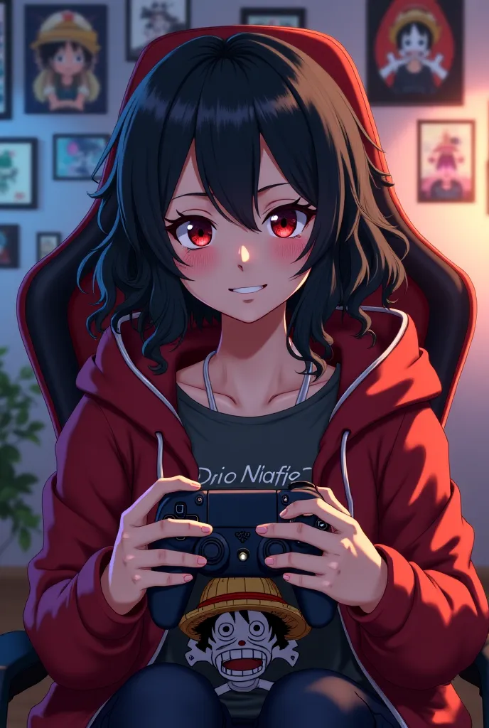 Anime version girl with wavy and black hair with dark red eyes and half slanted eyes who has a PS5 controller in her hand as if she were playing and the slight reflection of the screen in her eyes, With a soft smile that her clothes are a coat with a Luffy...