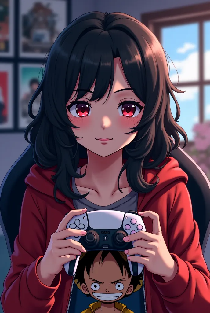 Anime version girl with wavy and black hair with dark red eyes and half slanted eyes who has a PS5 controller in her hand as if she were playing and the slight reflection of the screen in her eyes, With a soft smile that her clothes are a coat with a Luffy...