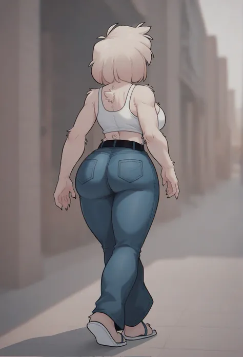 score_9, score_8_up, score_7_up, MikaCSnuft, furry, white fur, tuft of fur, 1boy, solo, furry male, tight thicc jeans,black belt,(((white Flip flops))),(((White mini fitted tank top))),big breasts boobs,thicc fat ass,full body,walking,back view,showing ass