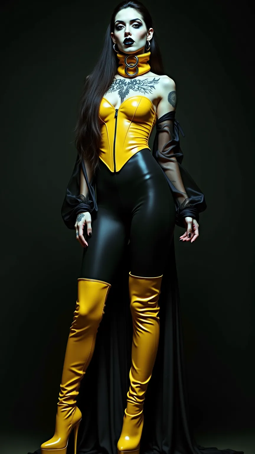 ANGELINA JOLIE, Dominatrix  , pale skin, vampire, nosferatu, dracula, BDSM, blue yellow latex , brilliant, metallic, corps latex noir, leggings en latex noir,   transparent latex Japanese latex kimono  , yellow latex over the knee boots stiletto platform, ...