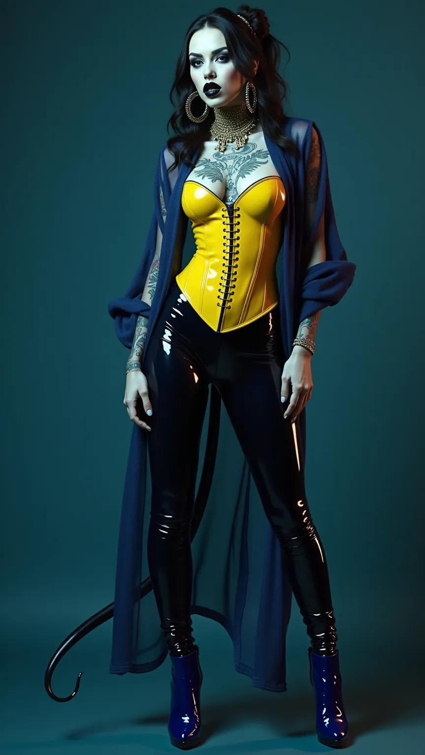 ANGELINA JOLIE, Dominatrix  , pale skin, vampire, nosferatu, dracula, BDSM, blue yellow latex , brilliant, metallic, corps latex noir, leggings en latex noir,   transparent latex Japanese latex kimono  , blue latex over the knee boots stiletto platform, ye...