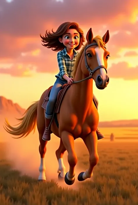 "Nerissa, A  ,  with wavy brown hair up to the shoulders , bright green eyes and slightly tanned skin. She wears a blue and white plaid shirt, lightly worn jeans and brown farm boots. Her face has a curious and expressive look, Always with a slight smile, ...