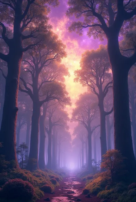 Prompt: "A magical forest with tall, glowing trees under a sky painted in shades of purple, gold, and deep blue. The camera slowly pans upwards to reveal the vastness of Eldwa