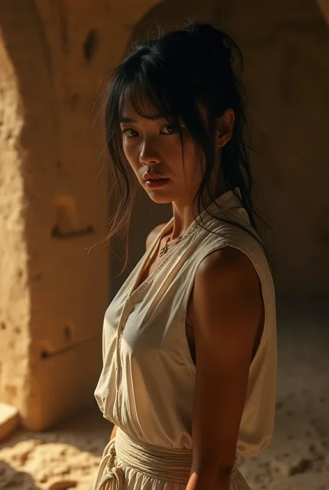 A beautiful 25 years old asian girl in sleeveless white ninja suit short skirt, down to her knees, exhausted due to being used by the mummies until sunrise, her hair is messed up and soaked with sweat, inside the tomb, close up