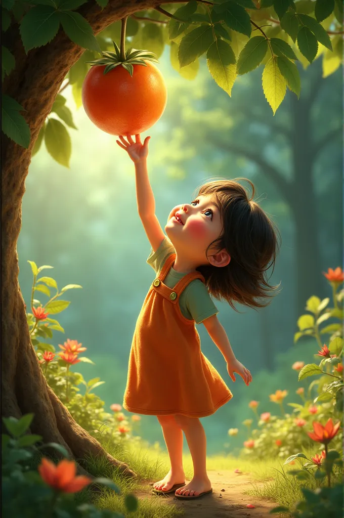 Create a girl trying to reach a fruit 