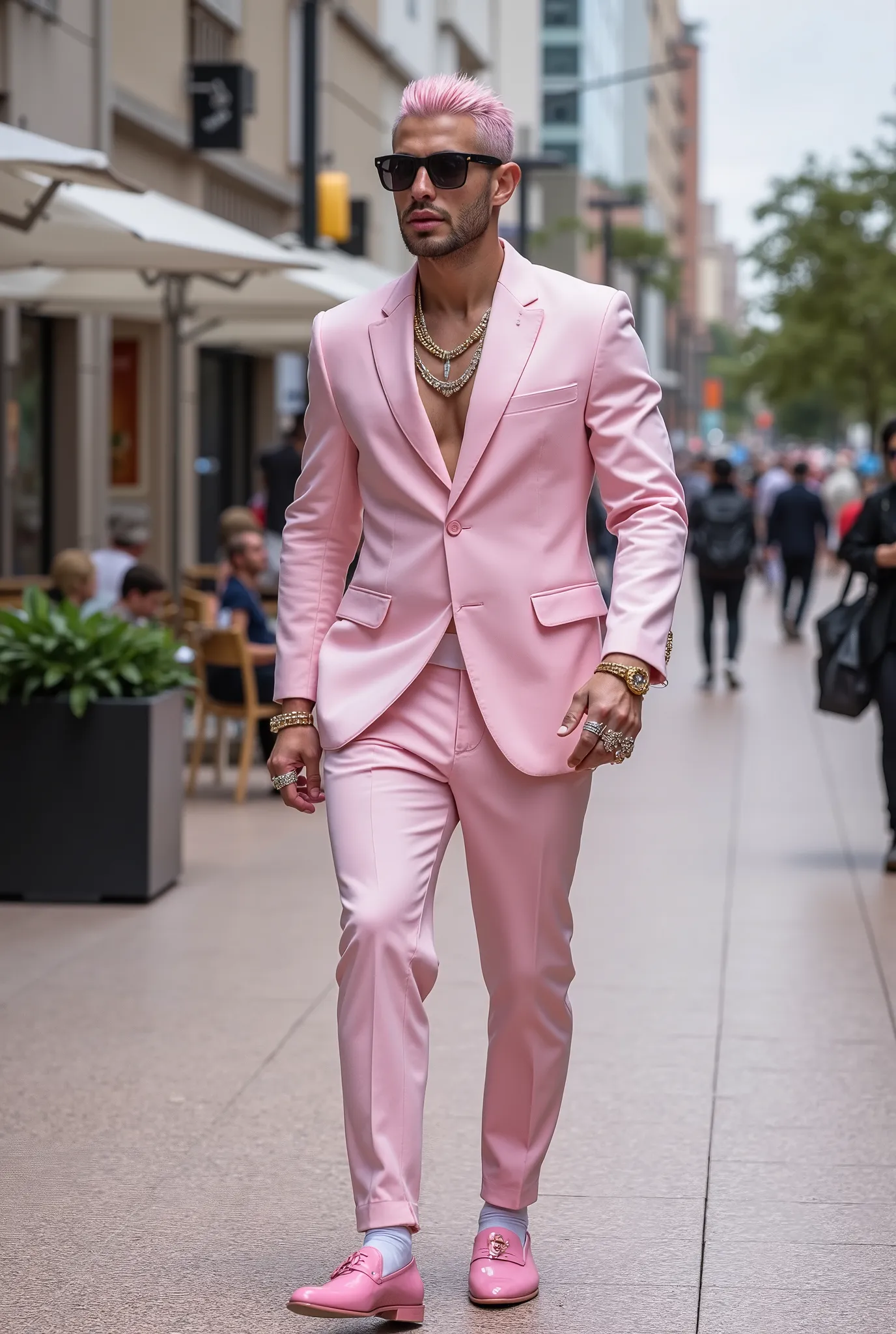 full body photo, a handsome white Man with light- Pink hair hyper-stylish short undercut, bimbo lips, light-pink fashion clothes, light-pink somptuous nylon-socks, pink chic mens patent loafers, chunky gold & pink precious stoned rings, bracelets, necklace...