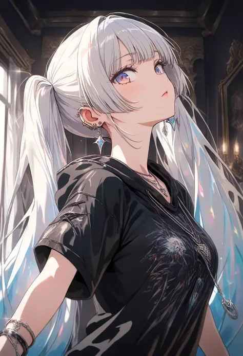  shiny skin  ,(( masterpiece)), (( 最 high quality)), (Anime:1.3),( very detailed:1.2), ( high resolution :1.3), ( Professional Photography:1.4)(Iridescent white hair),, Huge, twin tails,  Silver Hair,  hoodie,  vintage gothic,  pose ,  cute,  looks up,  hi...