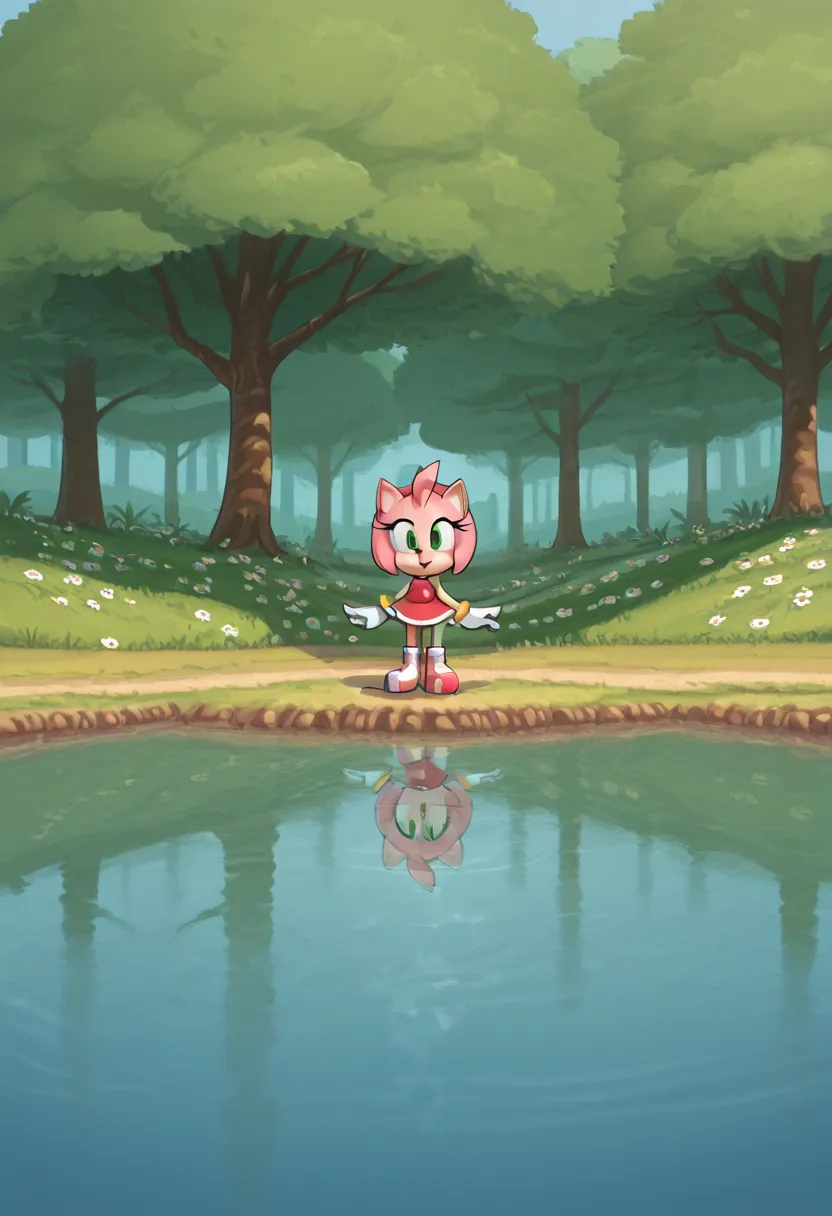 a scenic view of flowers growing in the water next to a lake, scenery, no humans, tree, flower,amy rose, furry female, pink fur, short hair, green eyes, pink hair,amy_rose, furry female, furry, red hairband, 