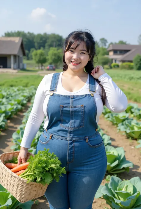 A happy smiling 20 year old Japanese woman in denim overalls holds a basket of freshly picked carrots, spinach and cucumbers in one hand, with the other arm pushing her hair back to show sweaty armpits, standing with her neckline open to show cleavage in t...