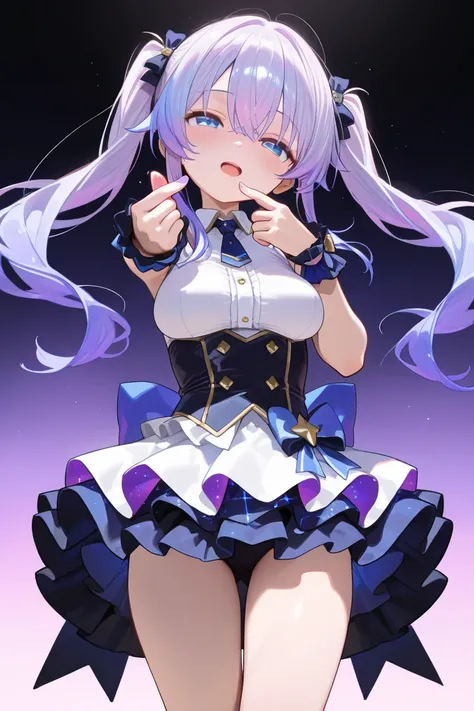 (Best quality, 4k, 8k, high resolution, masterpiece:1.2),1loli girl,delightful,happy、head tilt,(finger heart),(idol clothes),beautiful,cowboy shot, (singing),(outstretched arm),Large open legs,,(glowing purple hair:.1.5),deep blue hair,long hair,slim body、...