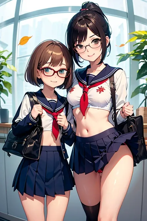 High quality, high definition, detailed background, fisheye lens, young, very slutty girl, (two girls: 1.5), brown hair, prostitute girl, glasses, bob cut, ponytail vaginal bleeding, flat chest one-piece swimsuit: 1.3, very tall, tempting figure: 1.3, very...