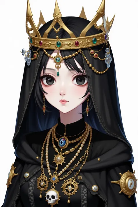 1girl, beads, black eyes, closed mouth, crown, expressionless, eye focus, face, gears, gem, gold, hood up, jewelry, lips, looking at viewer, necklace, portrait, simple background, skull, solo, steampunk, upper body, veil