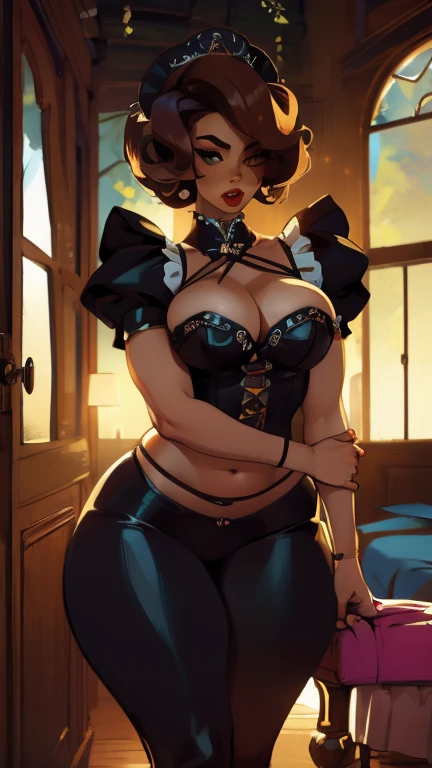 ((best quality)), ((masterpiece)), (detailed),a woman, 50's style, wide hips, thicc thighs, big breasts, naked, dark make up,  wearing skimpy maid outfit