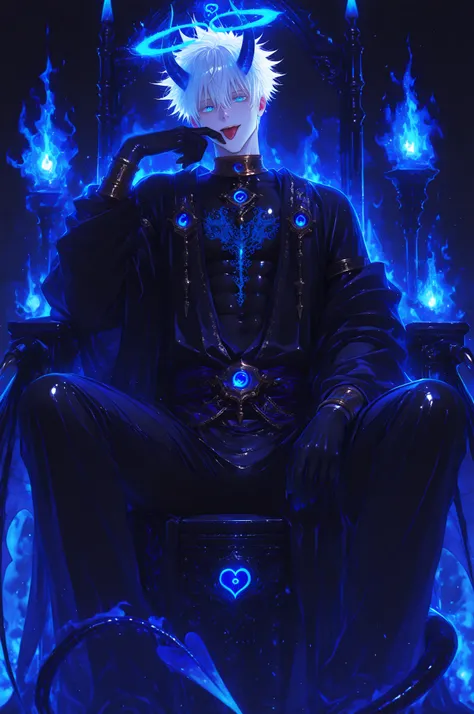 1boy, male focus, gojou satoru, jujutsu kaisen, short hair, hair between eyes, blue eyes, muscular, handsome, sexy man, mature male, cool, demon, incubus, ((horns)), low wings, tail, infinity symbol shaped angel halo, blue glowing halo, black sexy clothing...