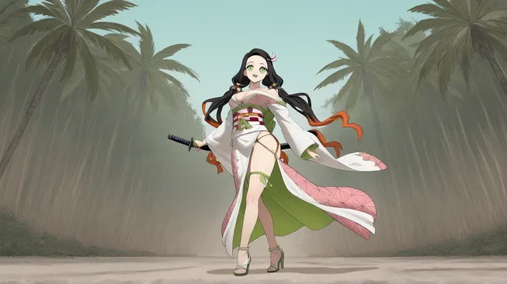 Anime,only Kamado Nezuko(thong and bra Wind Polynesian sexy Elegant Kimono) (in skin color brown) ( Water Polynesian sexy, Elegant Kimono outfit based color Kamado Nezuko, White) (outfit,trim, detail,design color Green Wind)
(Age21 ) (weapon a giant katana...