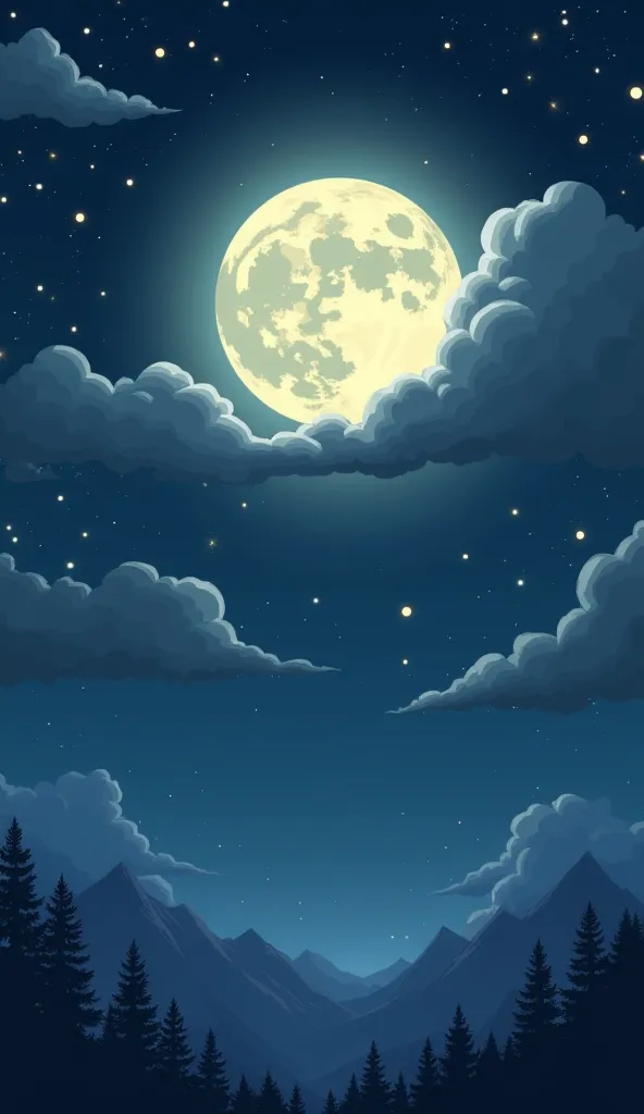 "A large, fluffy gray cloud slowly covering the bright full moon, making the night sky darker. The stars look worried as the world below fades into darkness. The style is cartoonish and dramatic, perfect for a ren's story.