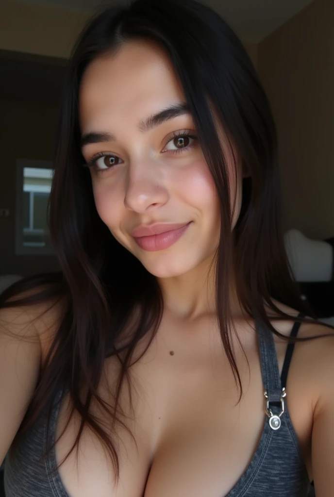 A 15 y.o Natural Colombian Young girl with, Pale white skin, Skin with imperfections and moles, straight hair,Middle, With Halter Sports top and Pajamas, Becky G taking a selfie. (Selfie characteristics: grainy, low quality, Low lighting, dark, Raw, blur:1...