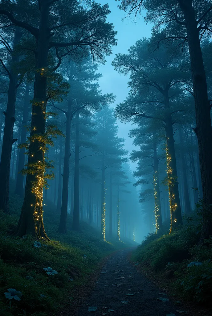 Prompt: "A wide shot of the forest, with the glowing trees dimming as the sky darkens."

