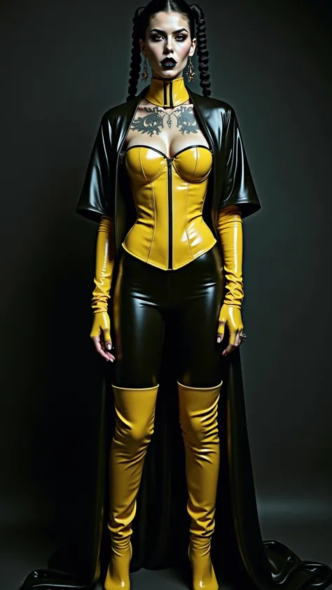 ANGELINA JOLIE, Dominatrix  , pale skin, vampire, nosferatu, dracula, BDSM, blue yellow latex , brilliant, metallic, corps latex noir, leggings en latex noir,   latex Japanese latex kimono  , yellow latex over the knee boots stiletto platform, yellow latex...