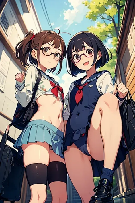 Open shot, two anime girls, High quality, high definition, detailed background, fisheye lens, young, very slutty girl, (two girls: 1.5), brown hair, prostitute girl, glasses, bob cut, ponytail vaginal bleeding, flat-chested one-piece swimsuit: 1.3, very ta...