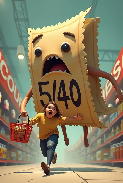 is written a giant anthropomorphized coupon, In which only "5/40", runs after a person with a shopping basket in their hand with an expression of fear
