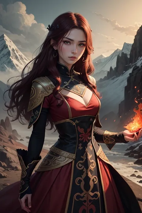 The princess Xialan of the Blood Stream tribe, a young woman in a dark red dress with black patterns adorned all over her dress. She had long, dark red hair as blood, fiery red eyes stared coldly at the mountain.