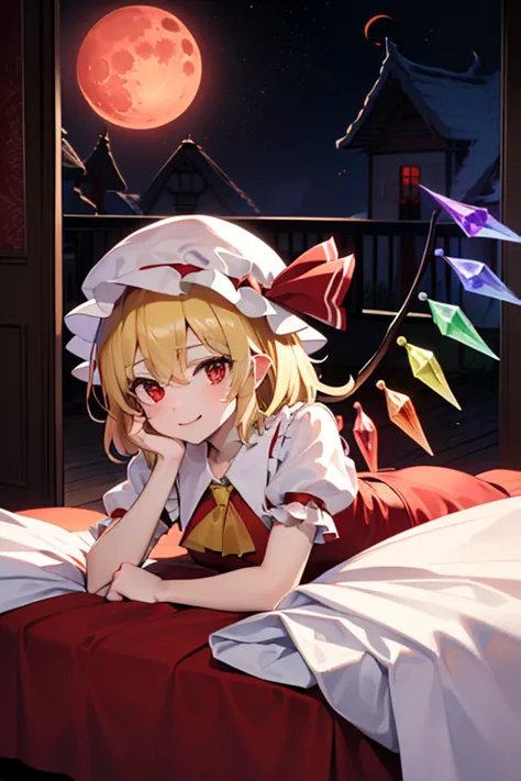  detailed depiction of up to the front door、((Flandre Scarlet from Touhou Project))、((( Flandor Scarlet)))、(((Red maid outfit)))、  red eyes、(((I can see the red moon from my room)))、(((White nightcap )))、(((I'm lying on a chaise longue in the Crimson Demon...