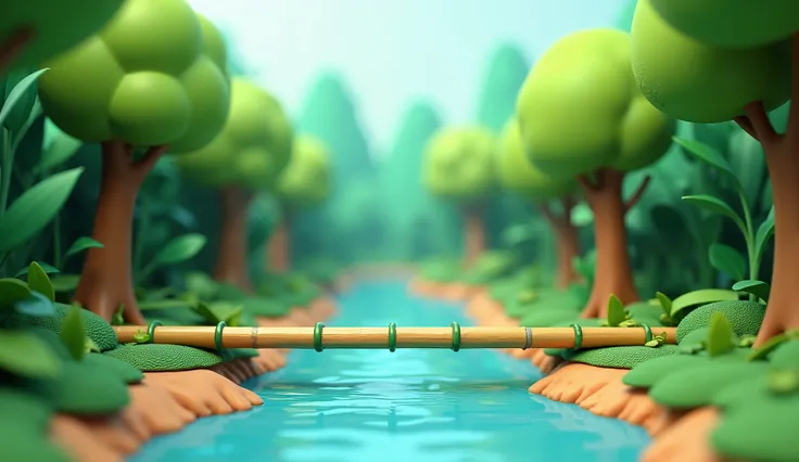 "A low-poly style jungle background with a narrow river running through the center. A dry, thin bamboo stalk acts as a bridge across the river, positioned closely to both sides. The jungle features simple low-poly trees with rounded leaves and flat, basic ...