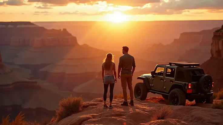 A spectacular photo of a man, a woman, and their  outside their jeep at the edge of The Grand Canyon at sunset.