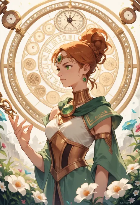 Chrono Divinities â Timeless Gods who control history through quantum tech. The female goddess in the images is casting a green magical time spell that resembles a floating clock, flowers in background, hkchrono
