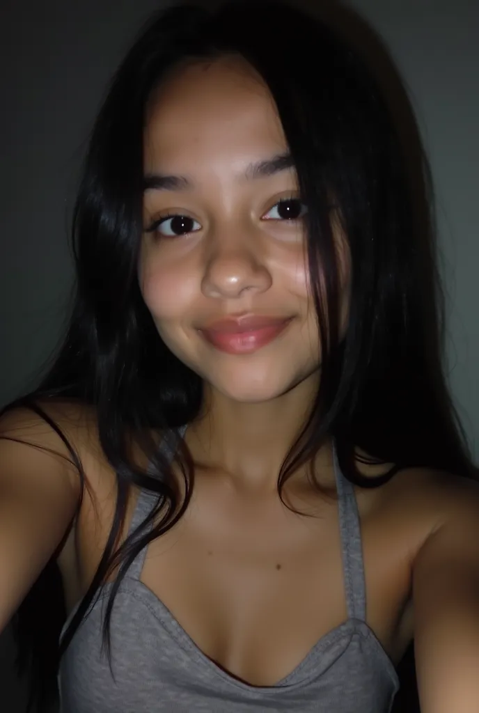 A 15 y.o Natural Colombian Young girl with, Pale white skin, Skin with imperfections and moles, straight hair,Middle, With Halter Sports top and Pajamas, Becky G taking a selfie. (Selfie characteristics: grainy, low quality, Low lighting, dark, Raw, blur:1...