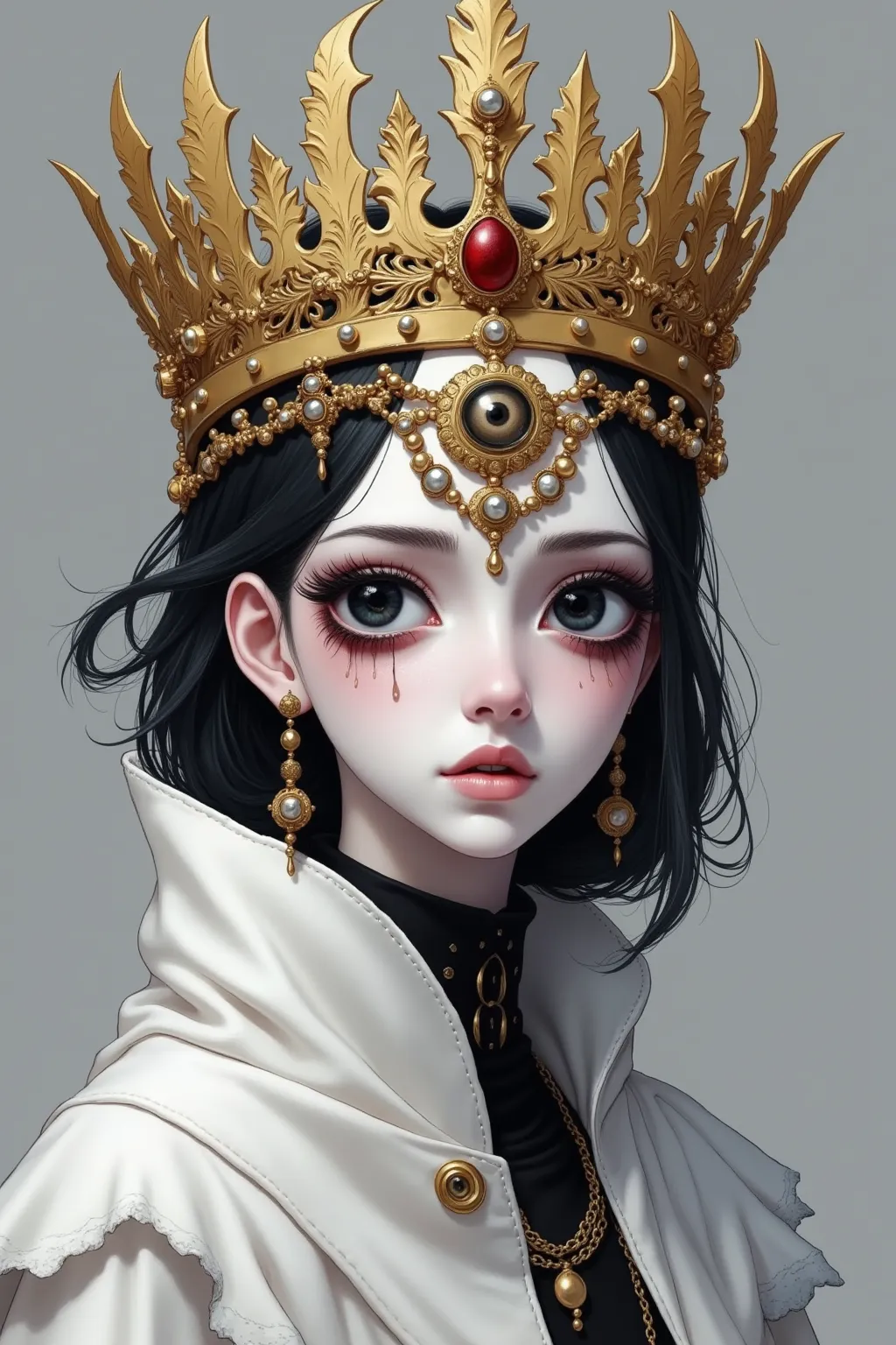  Draw me a woman , goddess, Draw her like an anime !  She has another face，dark eyes crying black tears,  Her skin is gray，It's like dying ,   She is wearing a white coat ，Wearing gold ornaments ,  A pointed crown embedded in her head! They had serious exp...