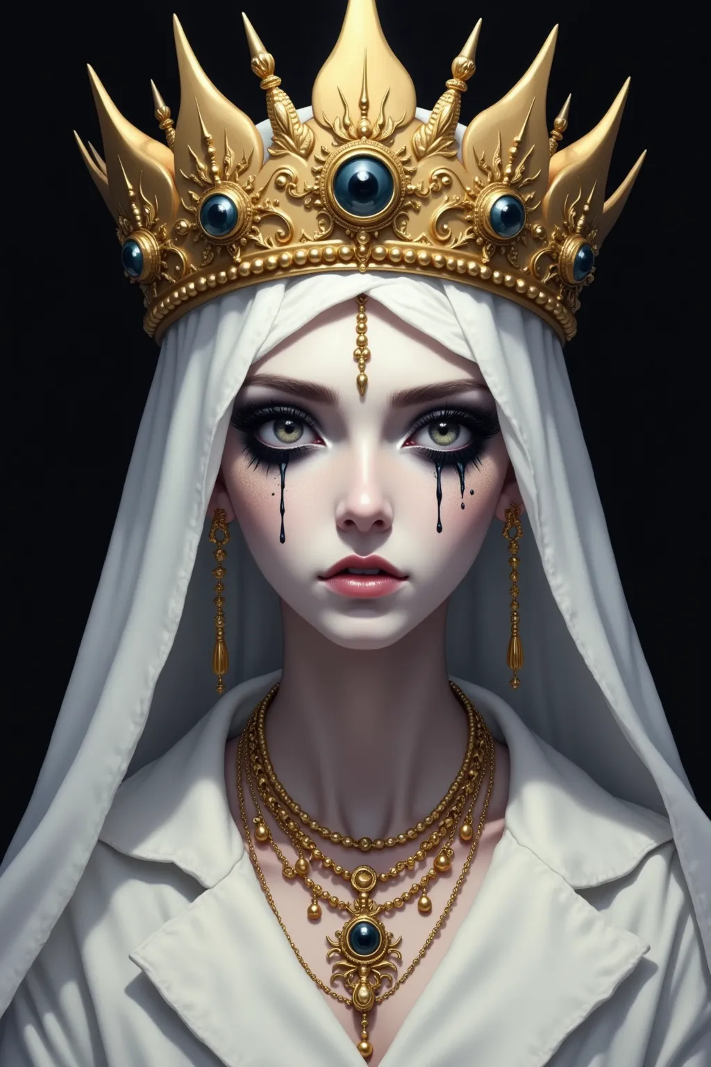  Draw me a woman , goddess, Draw her like an anime !  She has another face，dark eyes crying black tears,  Her skin is gray，It's like dying ,   She is wearing a white coat ，Wearing gold ornaments ,  A pointed crown embedded in her head! They had serious exp...