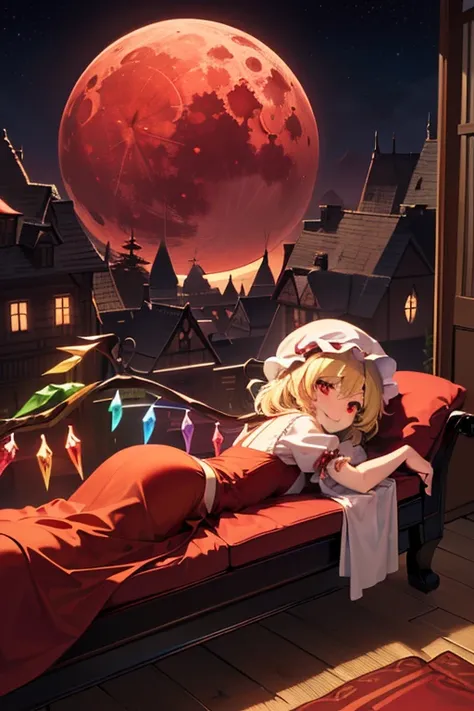  detailed depiction of up to the front door、((Flandre Scarlet from Touhou Project))、((( Flandor Scarlet)))、(((Red maid outfit)))、  red eyes、(((I can see the red moon from my room)))、(((White nightcap )))、(((I'm lying on a chaise longue in the Crimson Demon...