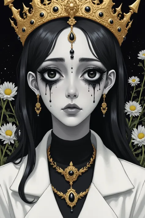  Draw me a woman , goddess, In anime style! She has two faces ,  with black eyes crying black tears,  Her skin is gray，It's like dying ,   She is wearing a white coat ，Wearing gold ornaments ,  A pointed crown embedded in her head! with serious expressions...